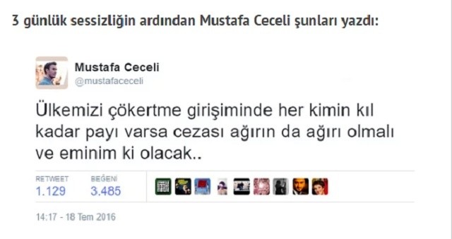 DARBE GİRİŞİMİNE TEPKİSİNİ GEÇ GÖSTEREN MUSTAFA CECELİ'YE SOSYAL MEDYADAN TEPKİ!